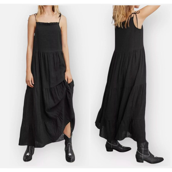 Anine Bing XS Agnes Tiered Midi Dress $350 Tie Shoulders 100% Cotton Black Maxi - Picture 1 of 13
